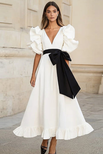 Ruffled White A Line Formal Dress with Bow